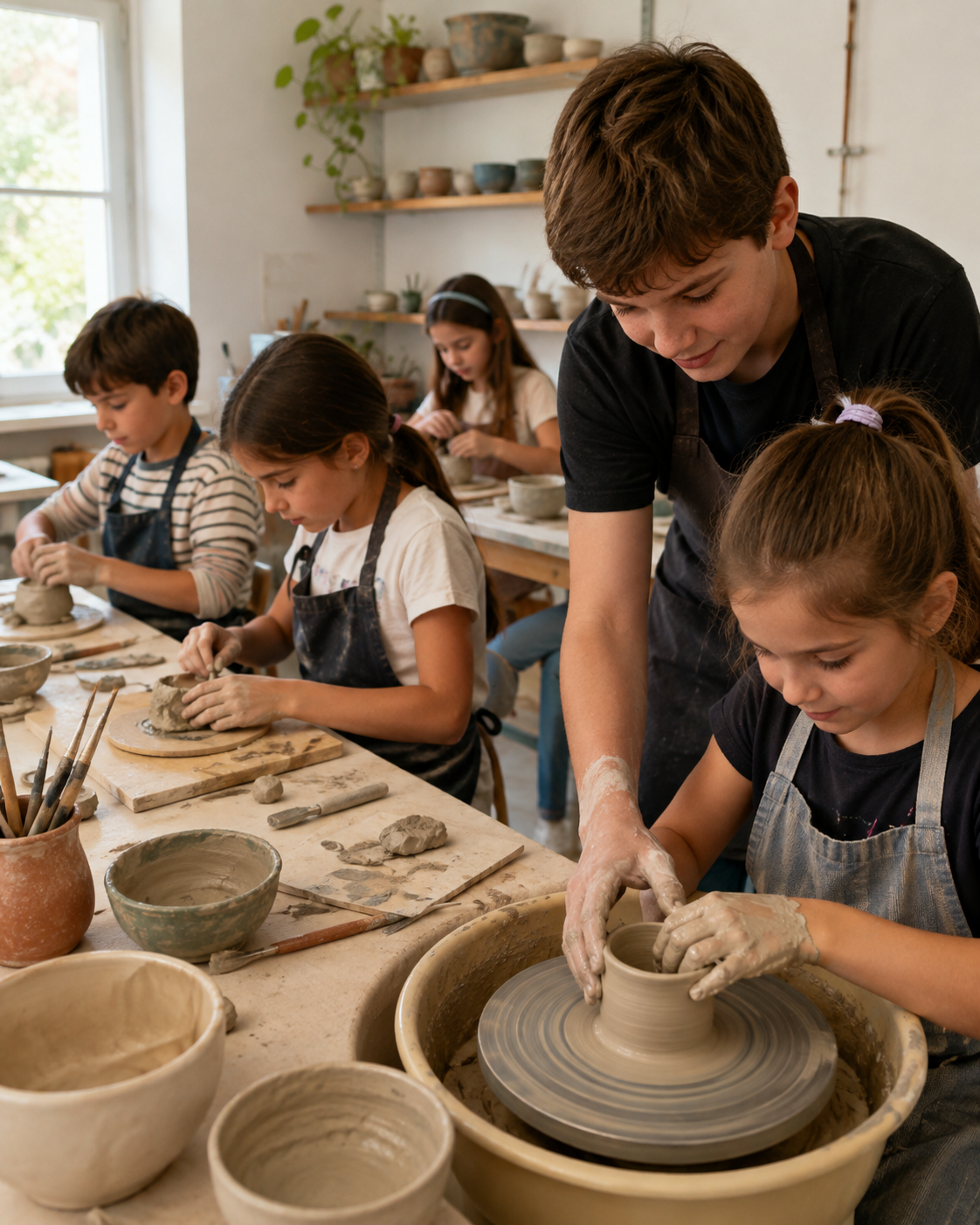 Niños modelando arcilla en el torno