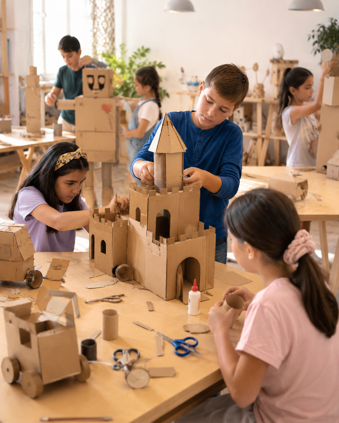 Niños construyendo con cartón