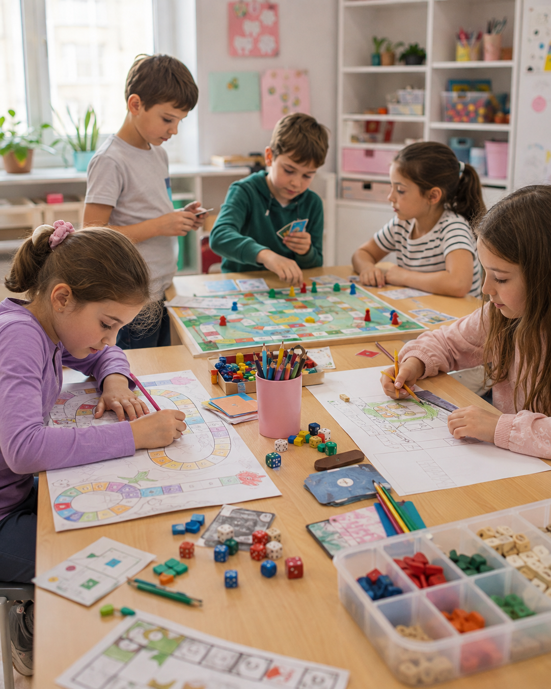 Niños creando un juego de mesa